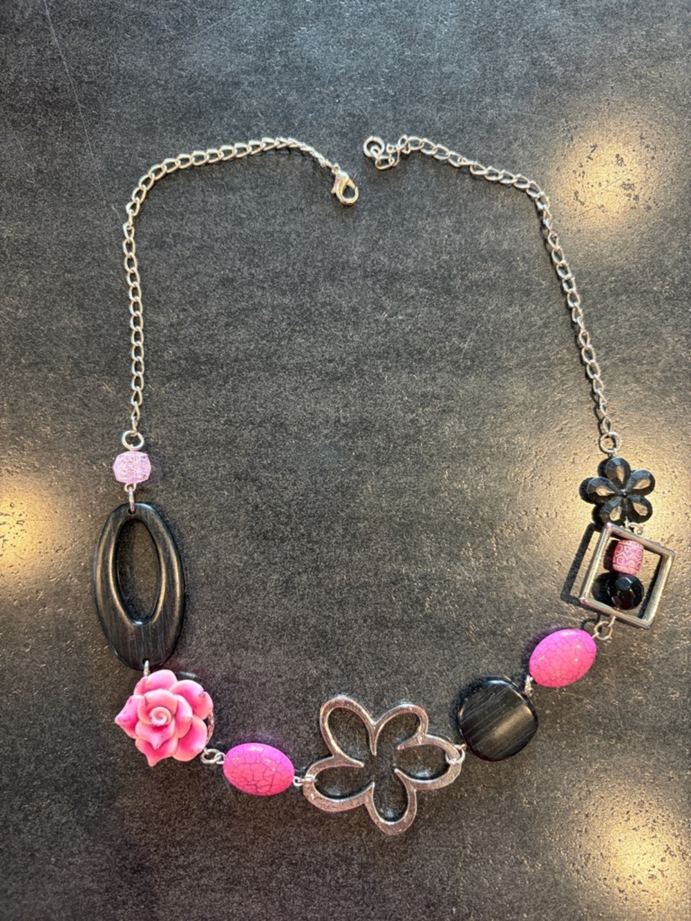 Y2K Pink and Black Floral Pendant Necklace